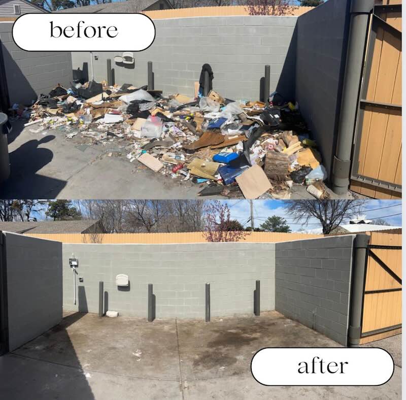 Before and after commercial property cleanout in Daly City, California — full lot cleared of mixed junk and debris by a local hauling crew