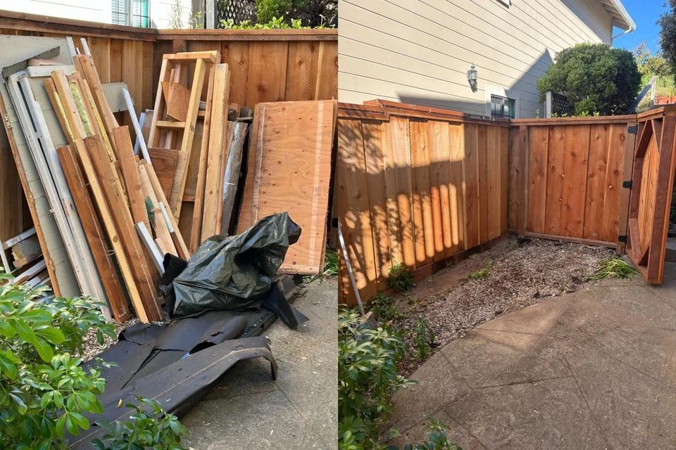 Before and after yard debris and construction waste junk removal in Daly City, California — lumber and metal cleared from a residential property
